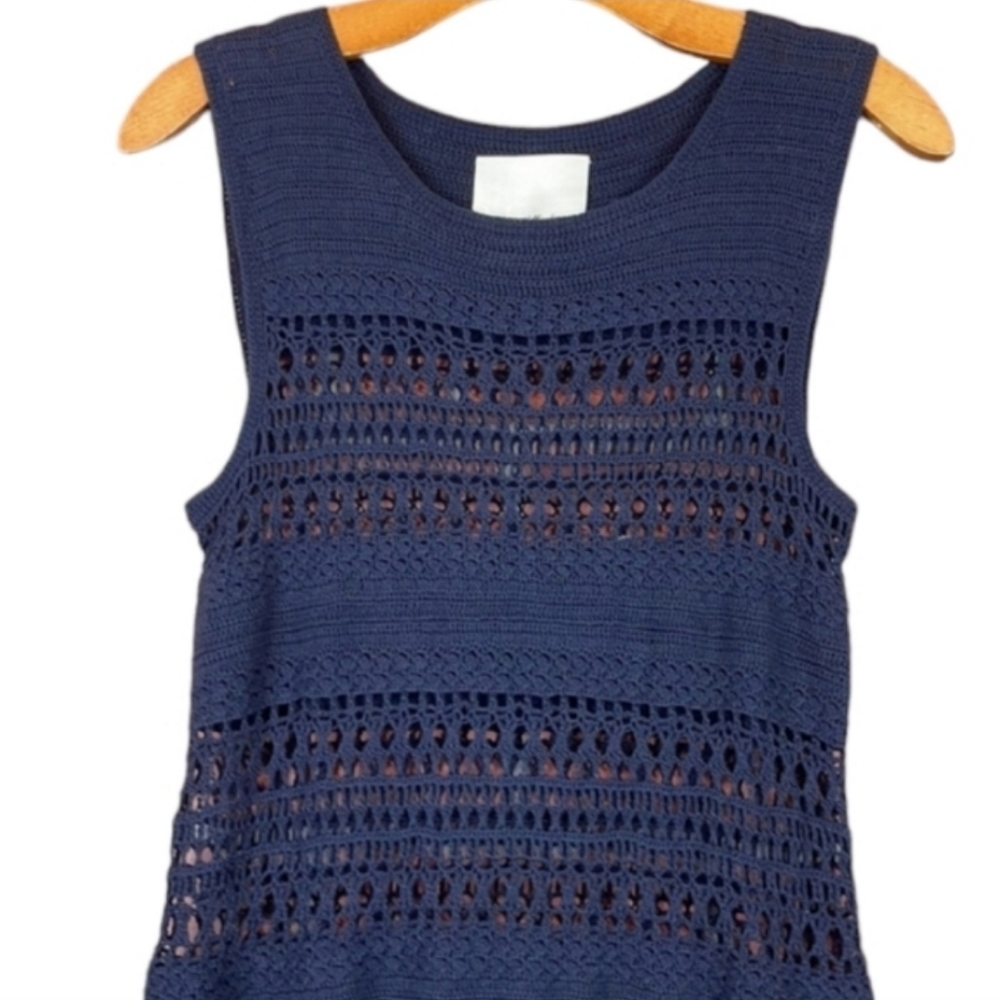 3.1 Phillip Lim Navy Crochet Sheath Gold Appliqué Designer Cocktail Dress - Picture 4 of 8